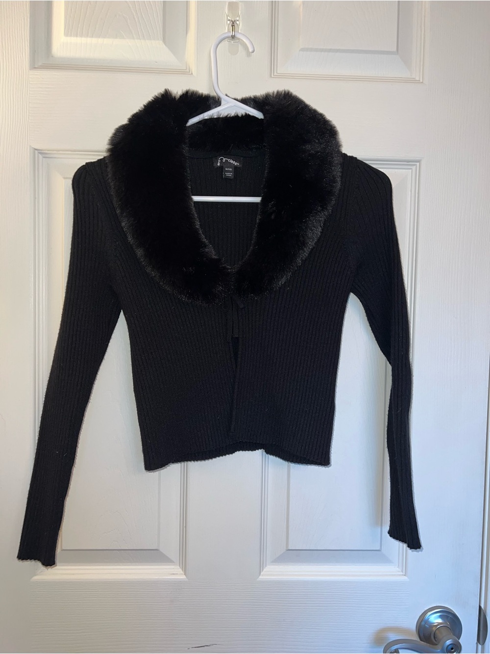 art class Black Ribbed Sweater with Faux Fur Collar